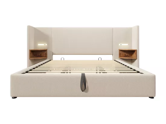 Lit double capitonné 180 x 200 avec table de chevet, liseuse et chargeur USB Type-C, beige, lin.