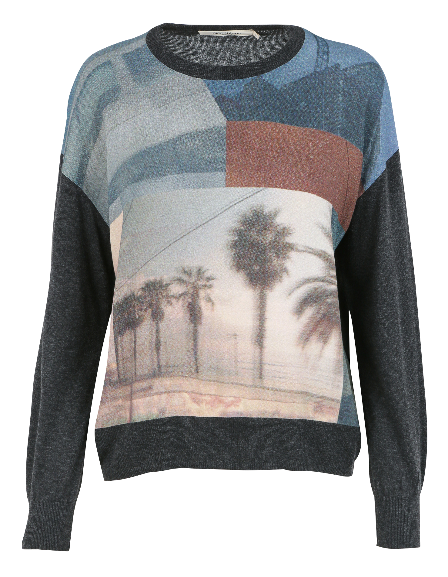 Pull col rond imprimé bi matière| Gris