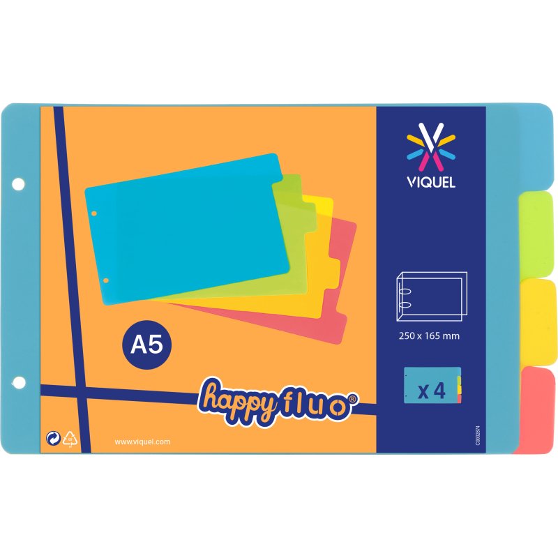 Intercalaires A5 en polypropylène Viquel Happy Fluo 4 onglets - 1 jeu