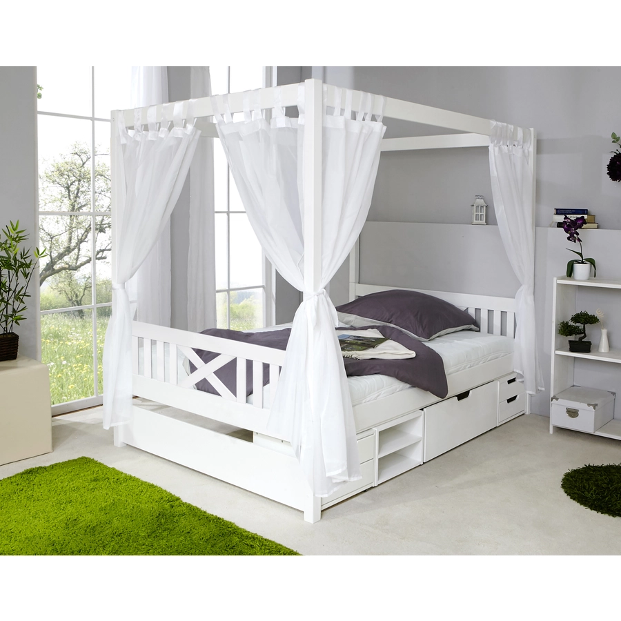 TiCAA Himmelbett Lino weiß mit 4 Funktionsschubladen