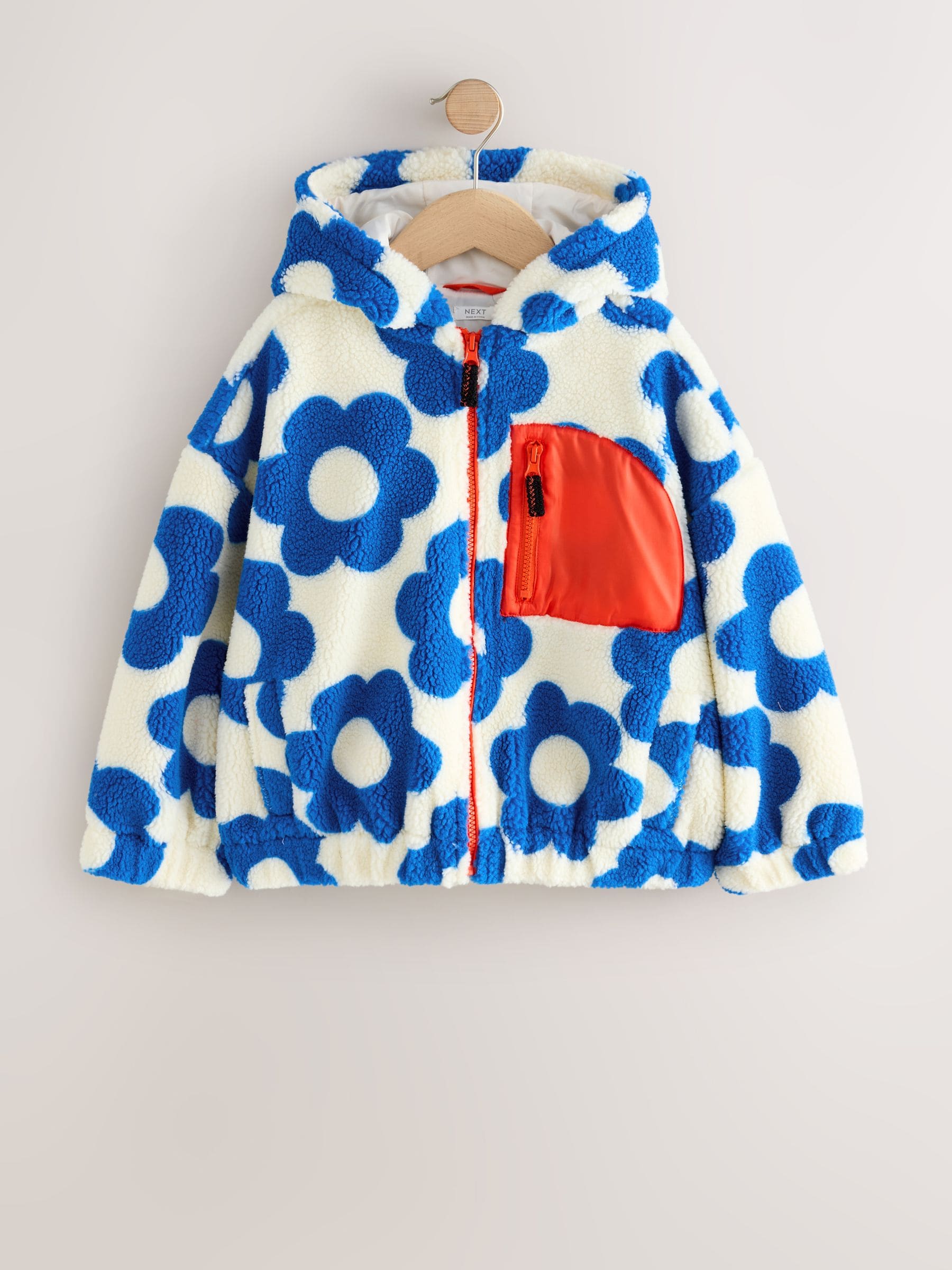 Blauw/witte bloem - Fleecejack met rits en capuchon van borg (3-16jr)