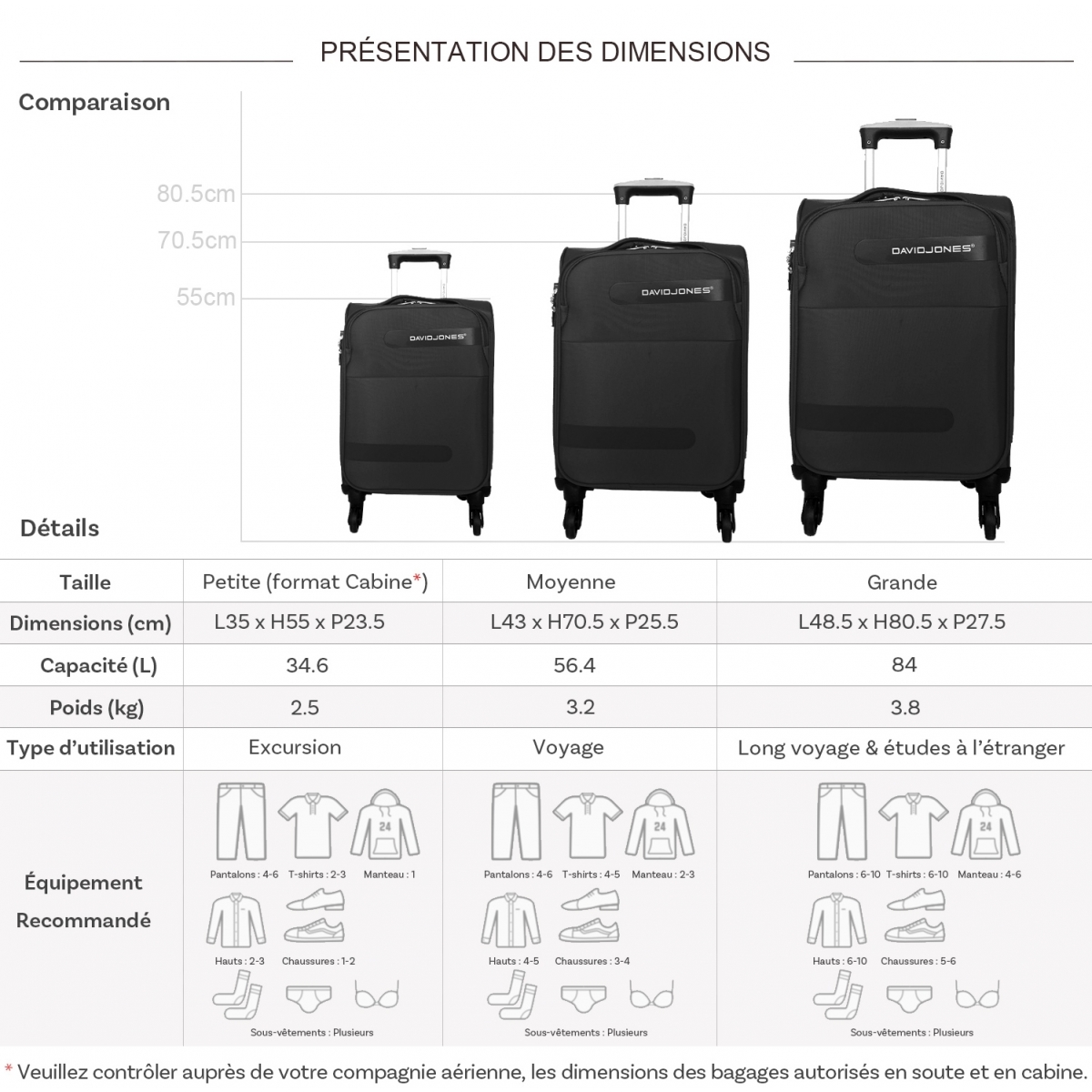 David Jones Lot de 3 valises dont 1 valise cabine souples David Jones