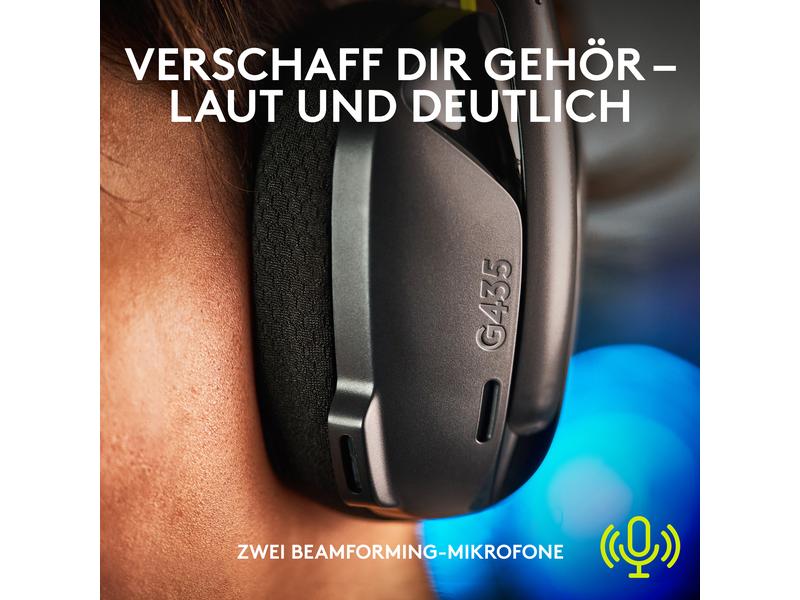 Logitech Headset G435 Gaming Lightspeed Schwarz Kabelloses Gaming-Headset mit integrierten Beamforming-Mikrofonen und bis zu 18 Stunden Akkulaufzeit