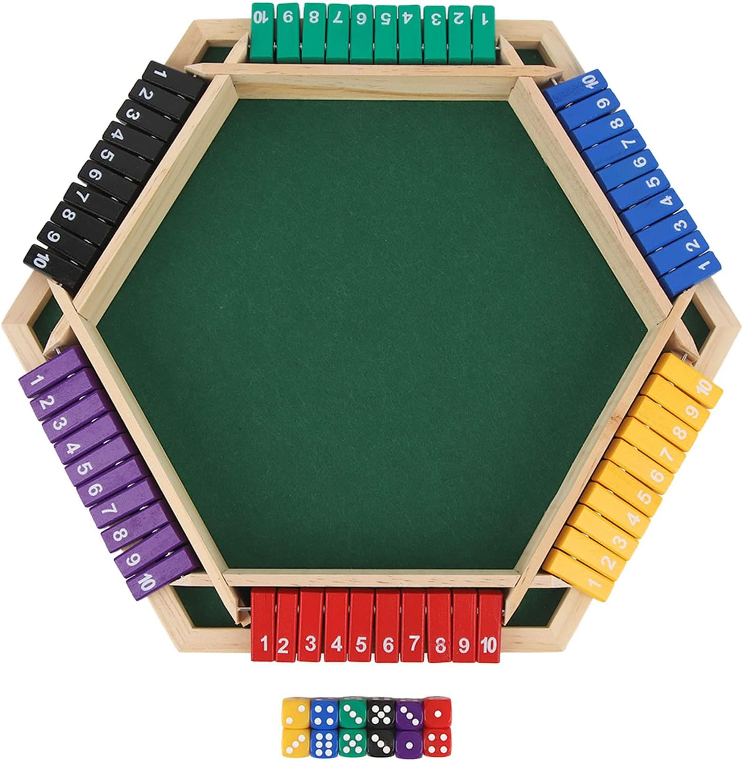 (38x38cm) Holz Shut the Box Brettspiel Hexagon Zahlen Klapp Gesellschaftsspiel inkl. Würfel