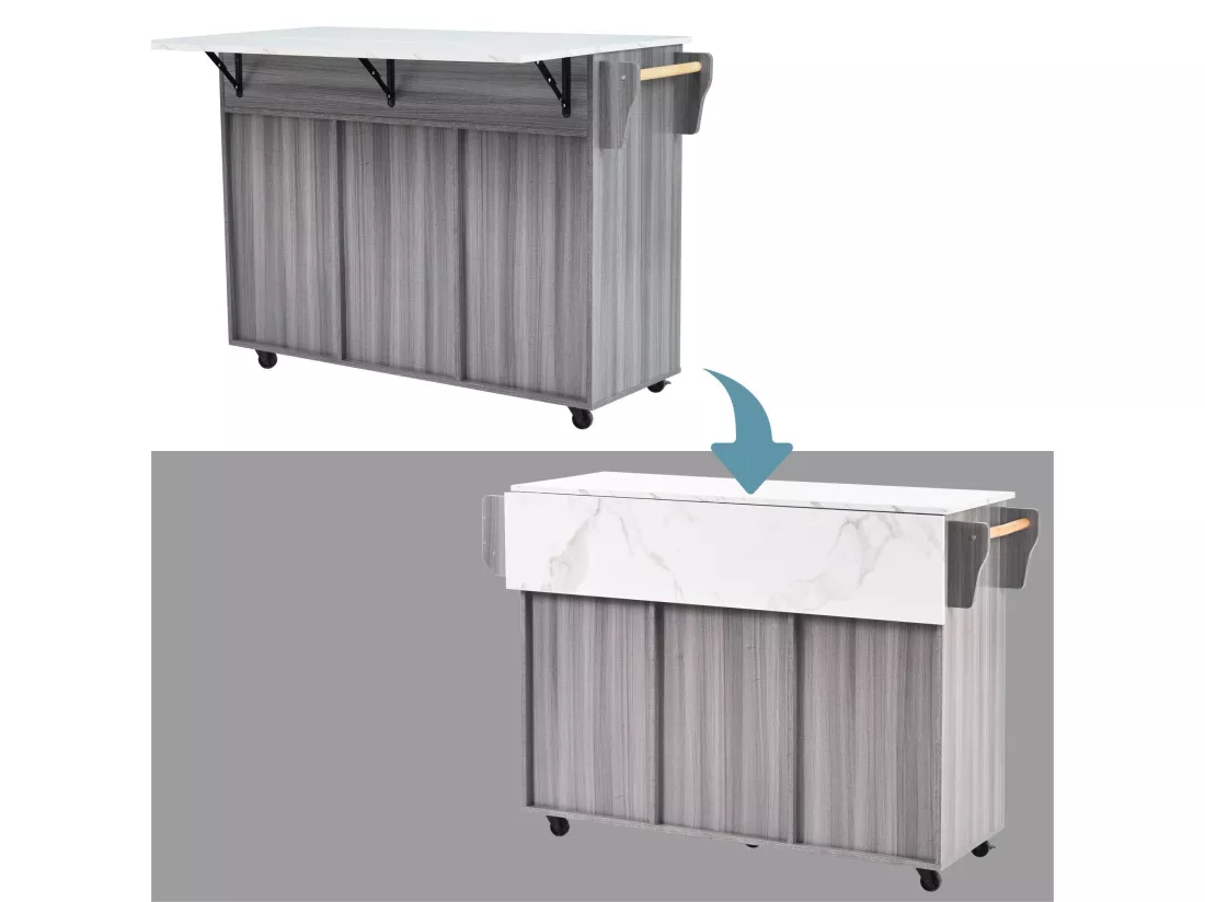 Ilot central de cuisine avec 3 tiroirs et portes de rangement - Plateau extensible - pieds en roulettes ou en bois - Gris