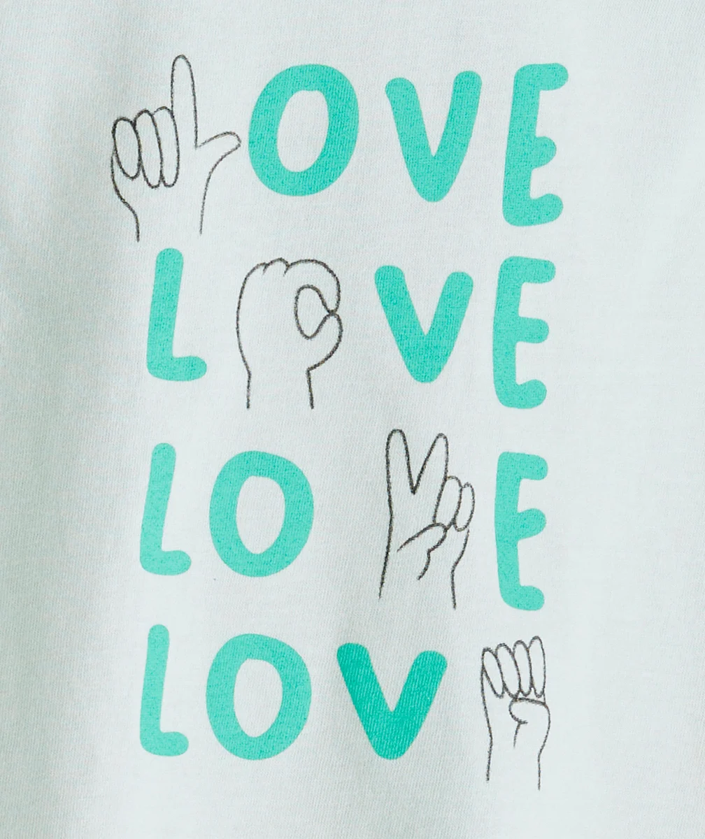 T-SHIRT BÉBÉ FILLE EN COTON BIO VERT AVEC MESSAGES ANIMÉS LOVE