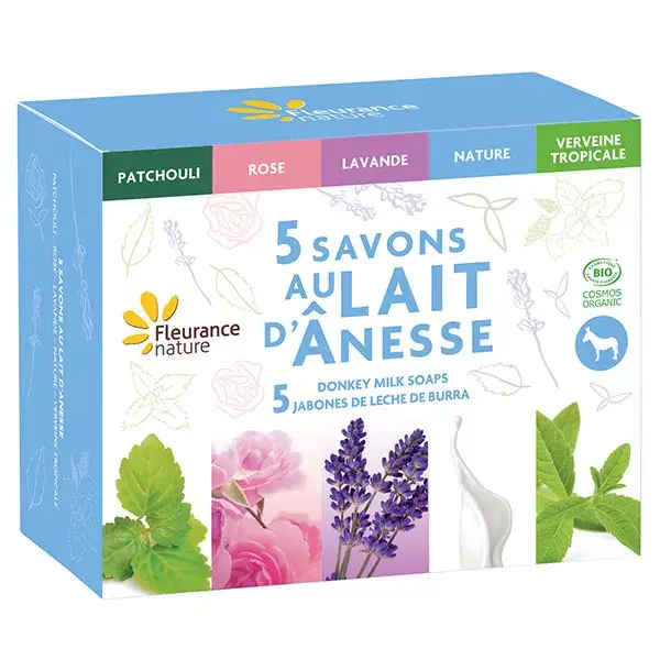 Conjunto de presente Fleurance Nature com 5 sabonetes orgânicos de leite de burra.