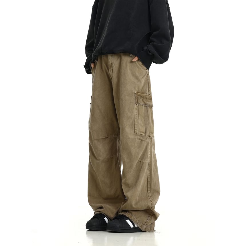 Meiksip - Mid Rise Plain Wide Leg Cargo Jeans