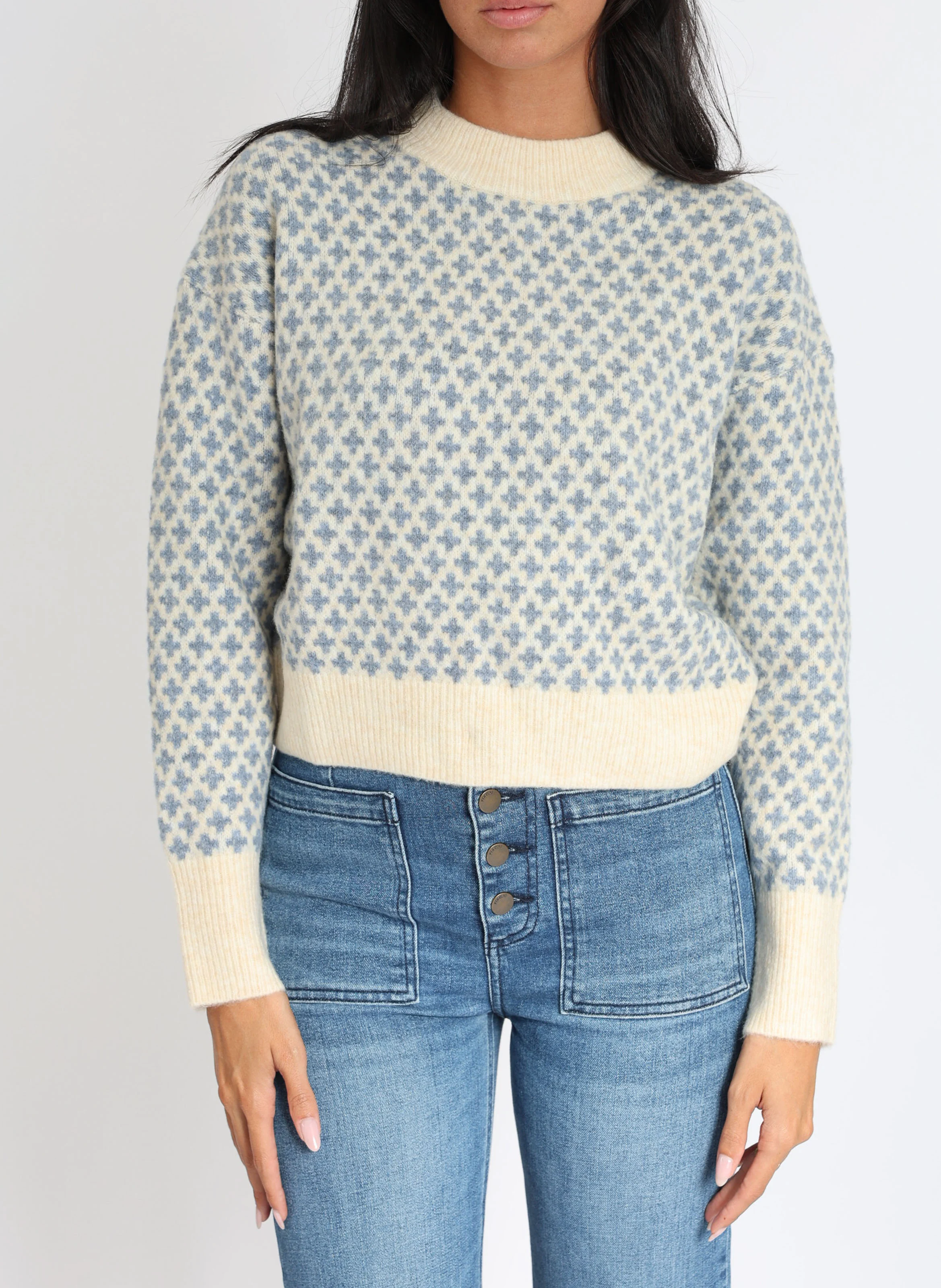 ALICE - Pull ample col rond jacquard en maille mélangée | Beige