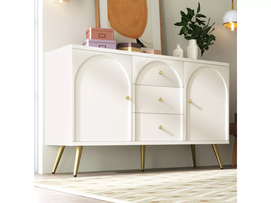 Commode avec 2 portes et 3 tiroirs, 140 x 40 x 84 cm, Panneaux de particules + métal, Blanc crème