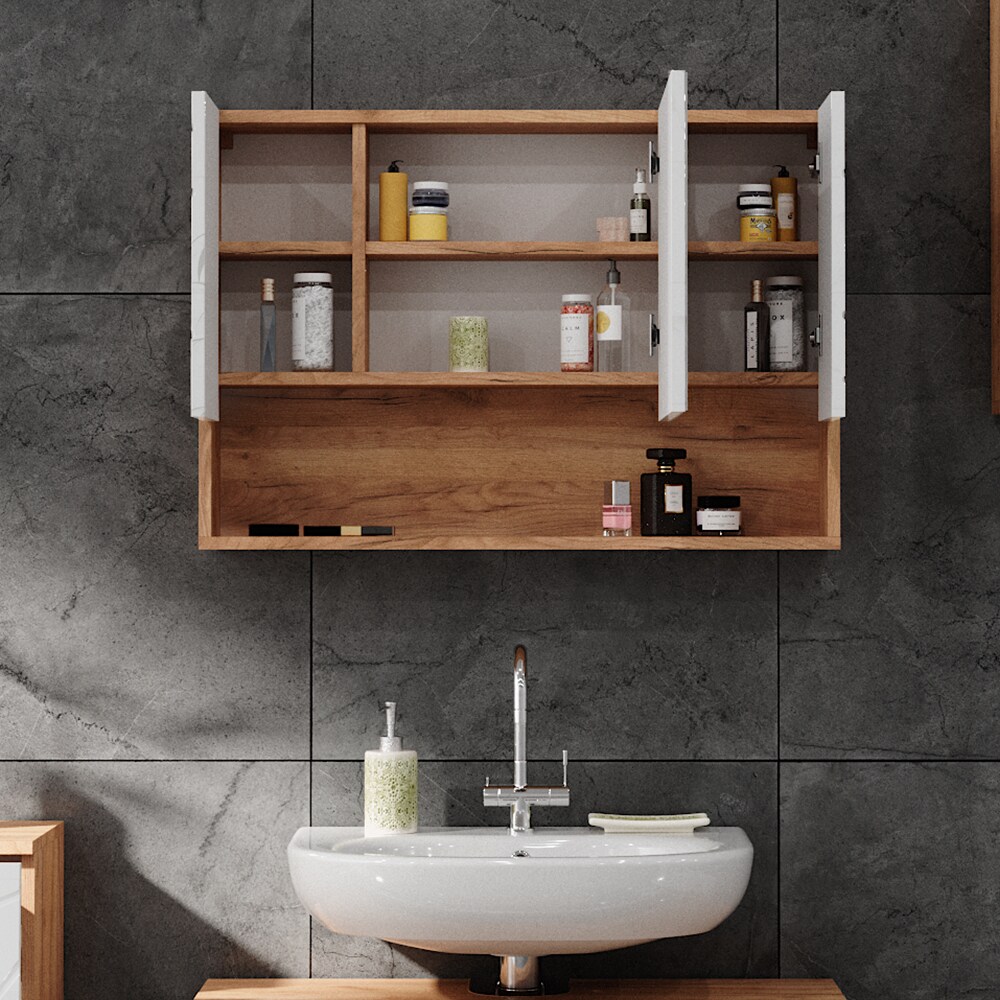 Vicco Spiegelschrank Badspiegel Wandspiegel Irma Eiche Weiß Hochglanz modern 80x55 cm Badezimmer Schrank Badschrank Badezimmermöbel Badmöbel 3 Türen
