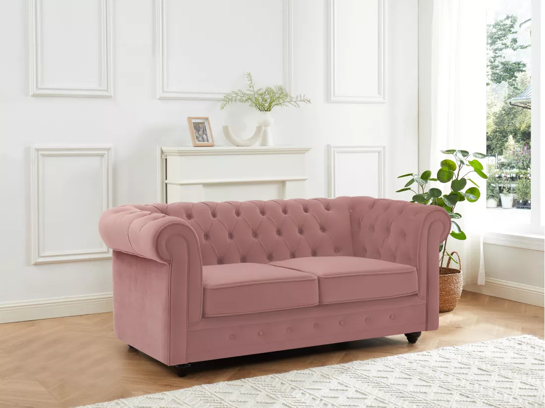 Canapé 2 places en velours rose pastel CHESTERFIELD