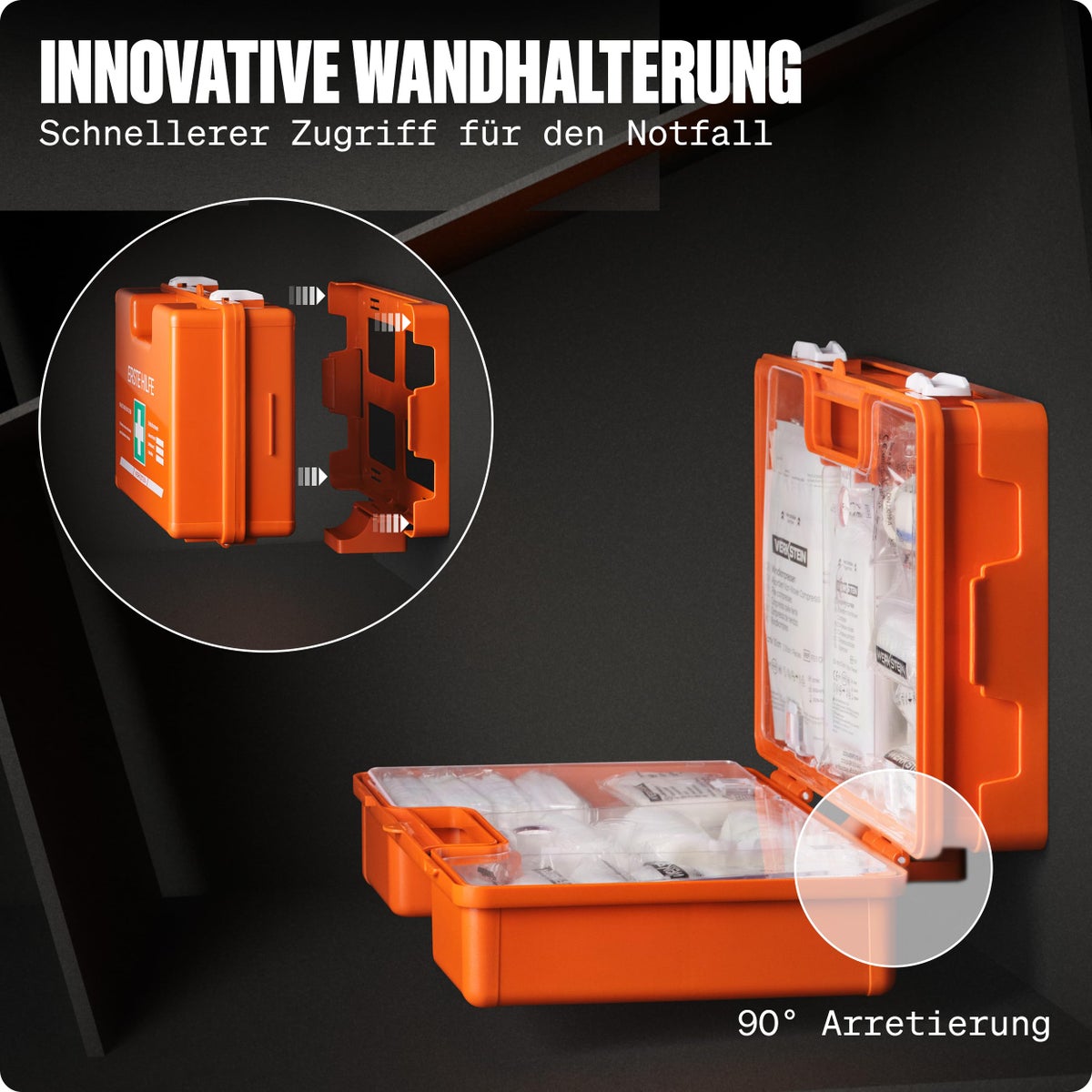 EHBO-doos met inhoud volgens de nieuwe DIN 13157:2021-norm | EHBO-koffer inclusief praktische wandhouder, 5 stickers & zegel | EHBO-doos voor bedrijven, instellingen & huishoudens