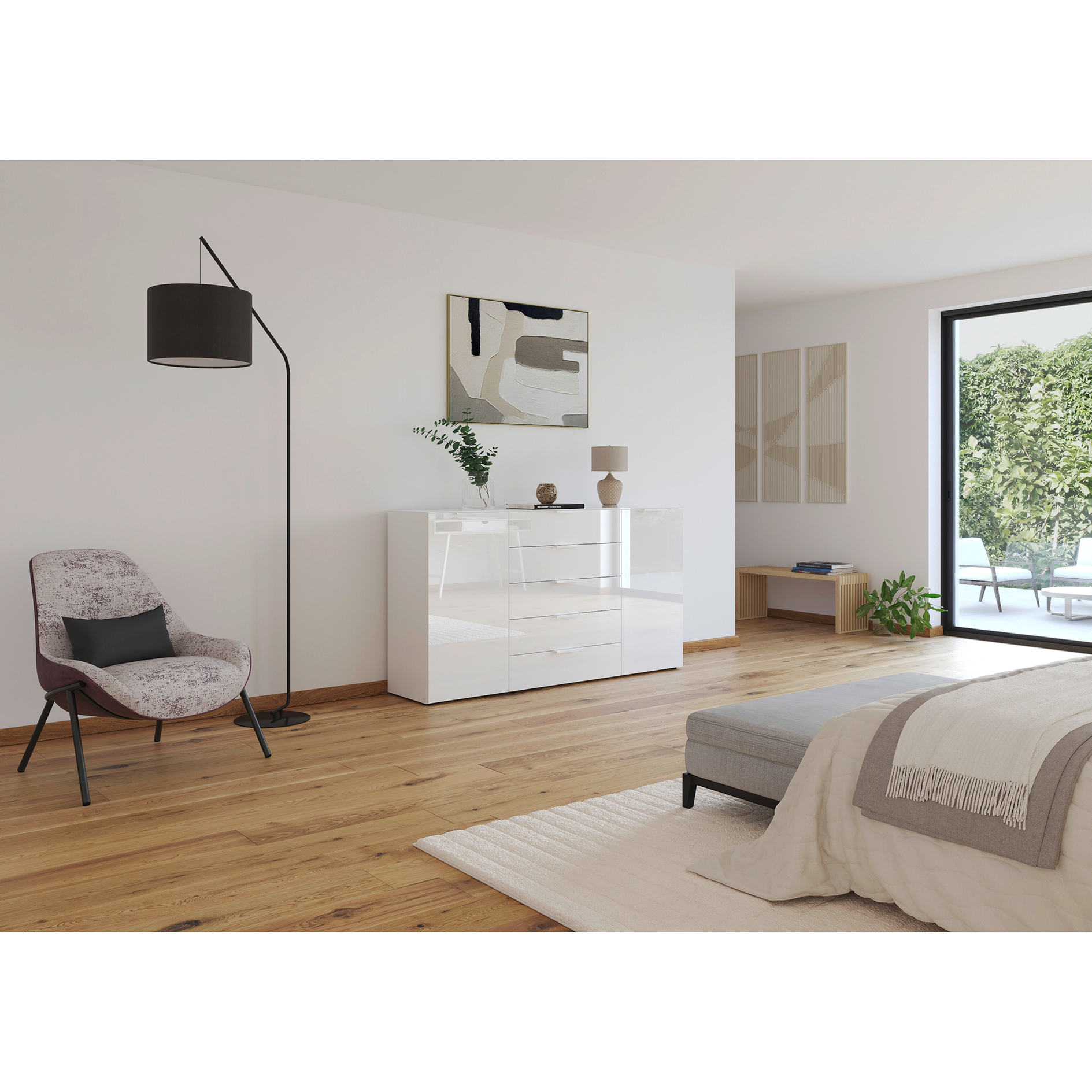 Kommode - alpinweiß-Kristallweißglas - weiße Griffe - 180 cm
