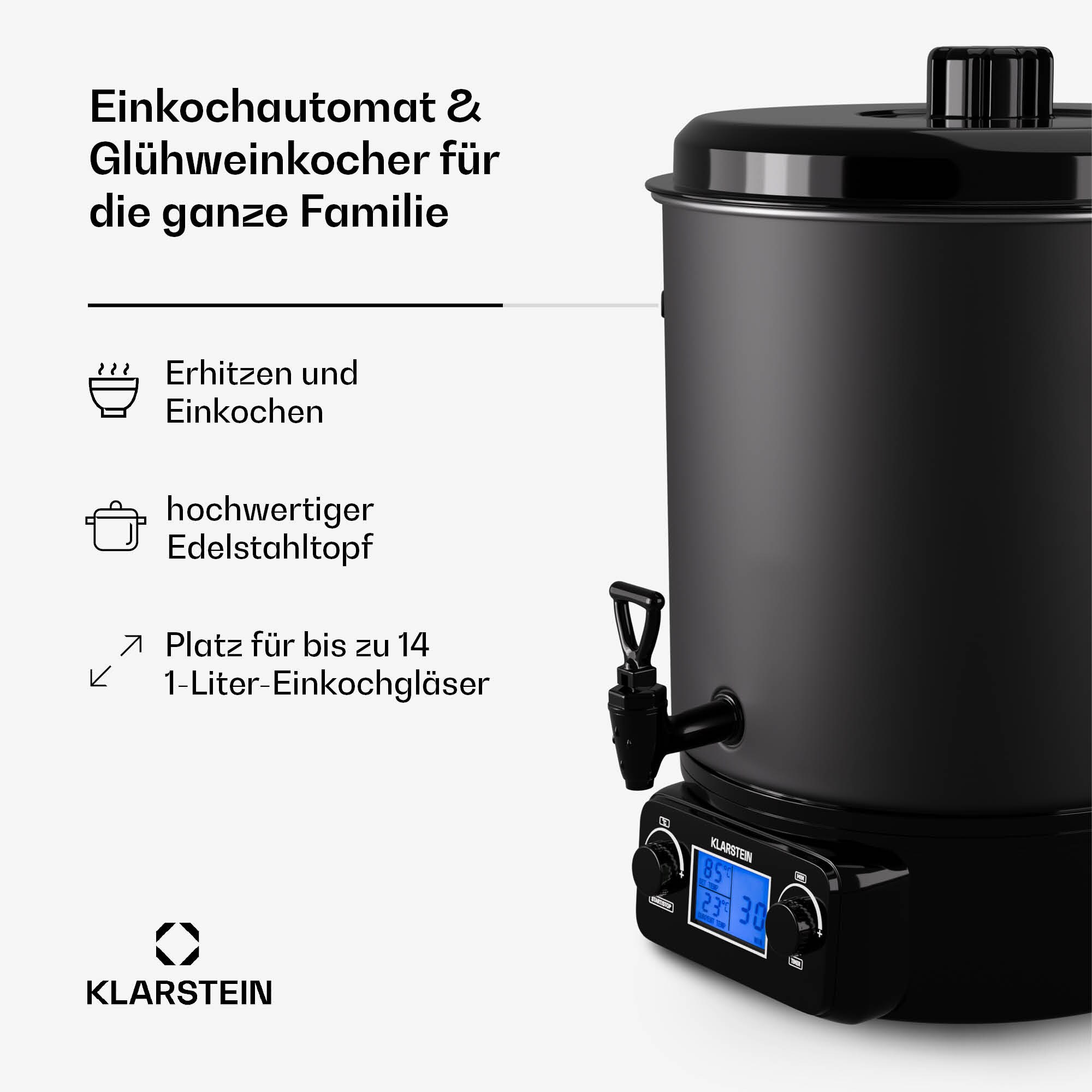 Biggie Digital Einkochtopf Getränkespender elektrisch 27L 2000W Edelstahl Matt-Schwarz 27 Liter