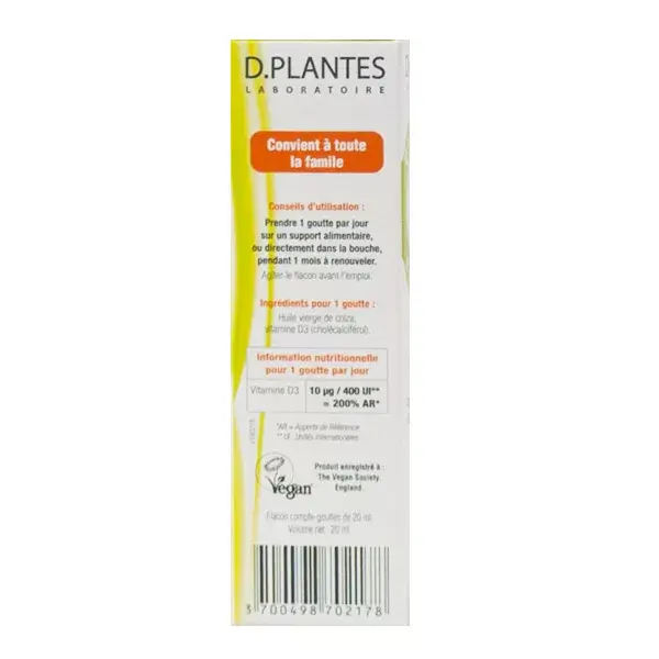 D.Plantes Vitamina D3 Fonte Vegetal 400IU 20ml