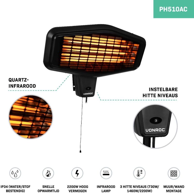 VONROC Sfeervolle terrasverwarmer – Amiata 2200W – Krachtige infraroodlamp – 3 warmteniveaus – Voor muur montage