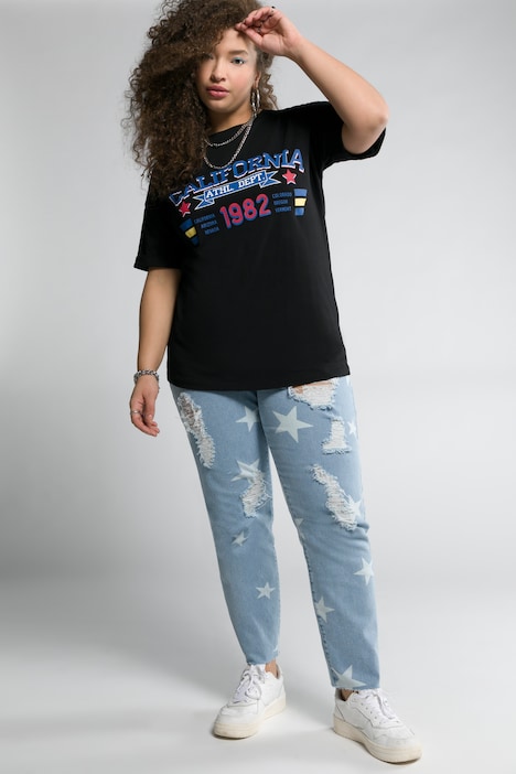 Mom Jeans, 5-Pocket, geschnittener Saum, destroyed, Sterne