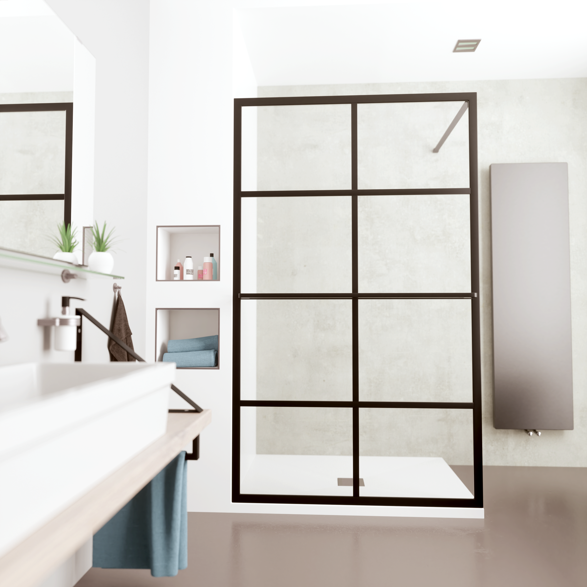 Mueller Black inloopdouche 100x200cm met zwarte profielen en handdoekhouder