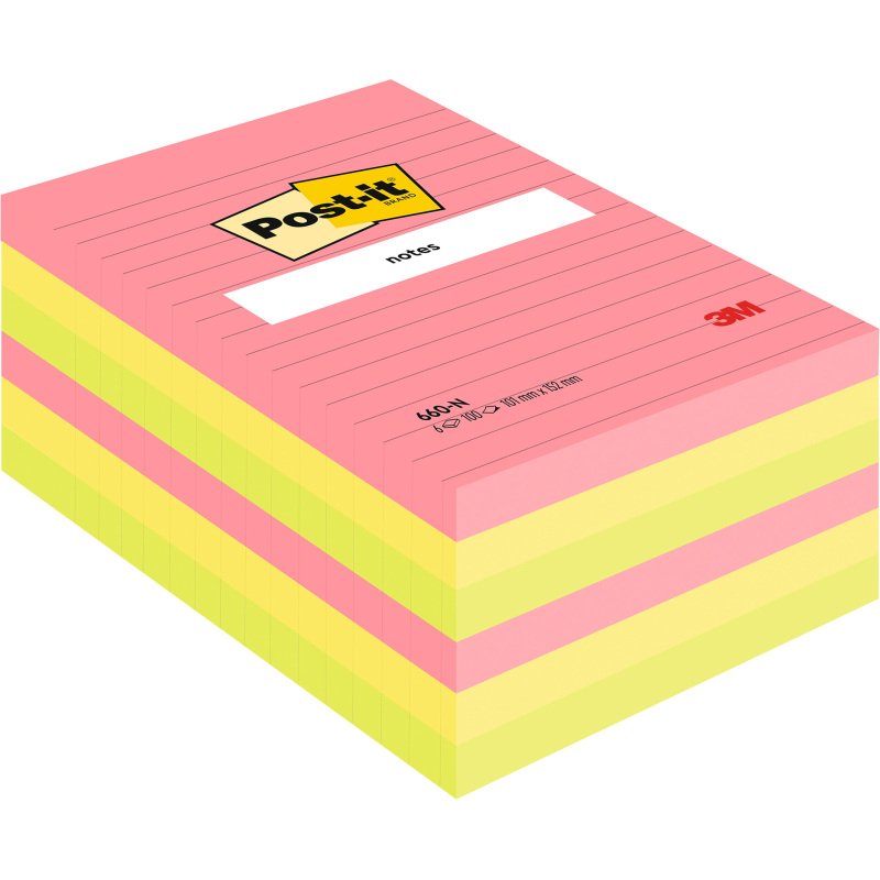 Notes lignées repositionnables couleurs assorties Post-It 102 x 152 mm - bloc de 100 feuilles