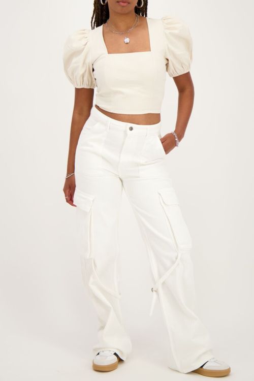 Beige linnen look top met pofmouwen