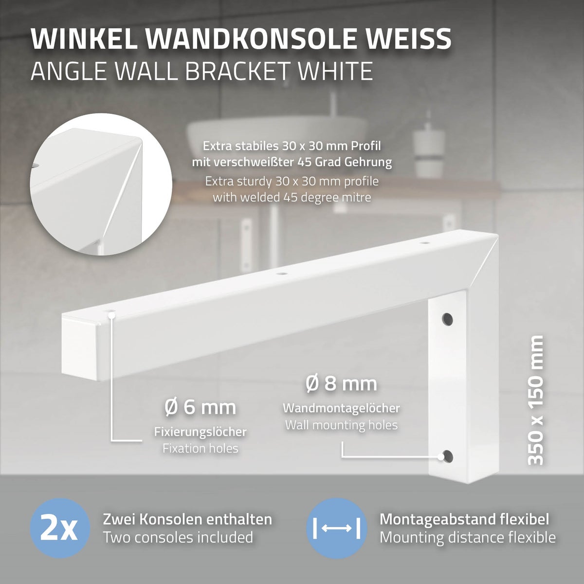 ML-Design 2-delige set L-vormige wandconsoles voor wastafels, 350x150 mm, wit, staal, design wastafelconsole, wandbevestiging voor wastafelblad, planchetconsole, planchethouder