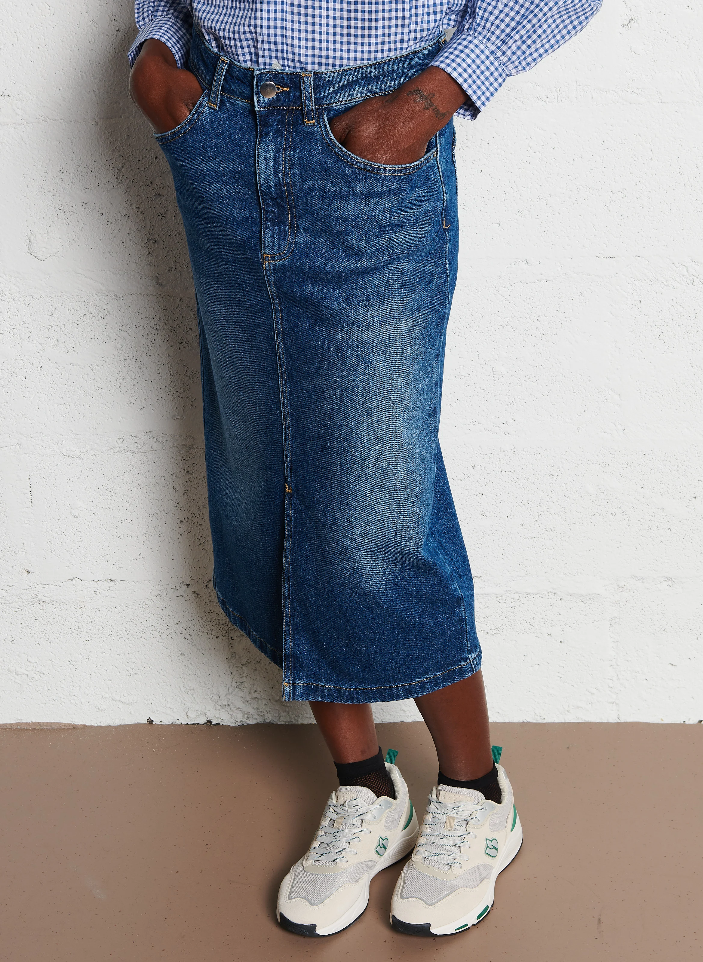 BIRDY - Jupe midi droite en denim stretch | Bleu
