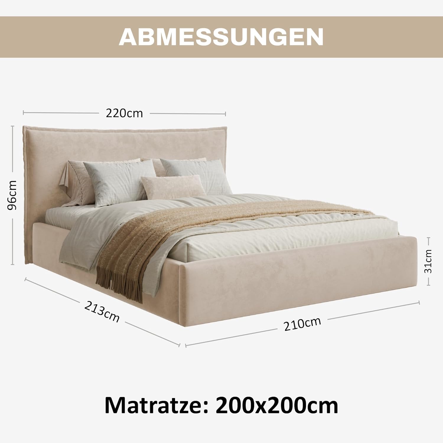 Leno Bett 200x200 Beige Samt, mit Stauraum, mit Kopfteil, mit Lattenrost, ohne Füße, ohne Matratze, Polsterbett 200x200 mit Bettkasten Beige (Creme)