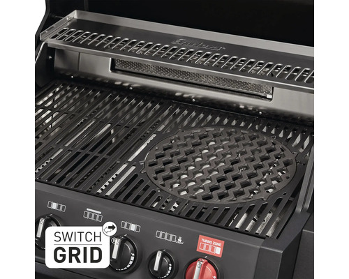 Enders Monroe Pro 4 SIK Turbo Shadow gasbarbecue in grafietgrijs met 4 branders, inclusief dekselthermometer, vetopvangbak, grillrooster, krachtige warmtezone, zijplank en warmhoudrek. Grillrooster: geëmailleerd gietijzer.