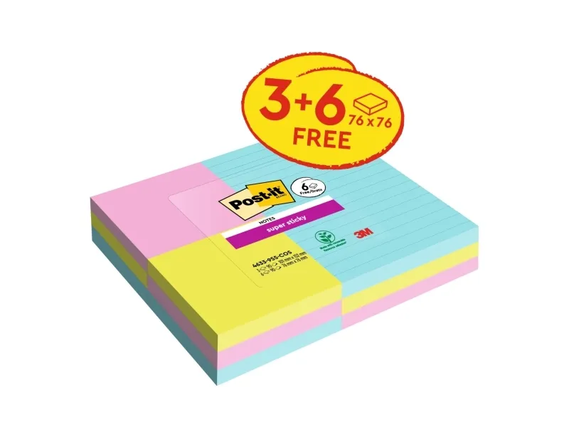 Post-it® Super Sticky Notes inkl. 3 linjerede   6 standard blokke - ass. størrelser med 90 ark pr. blok - (9 blokke)