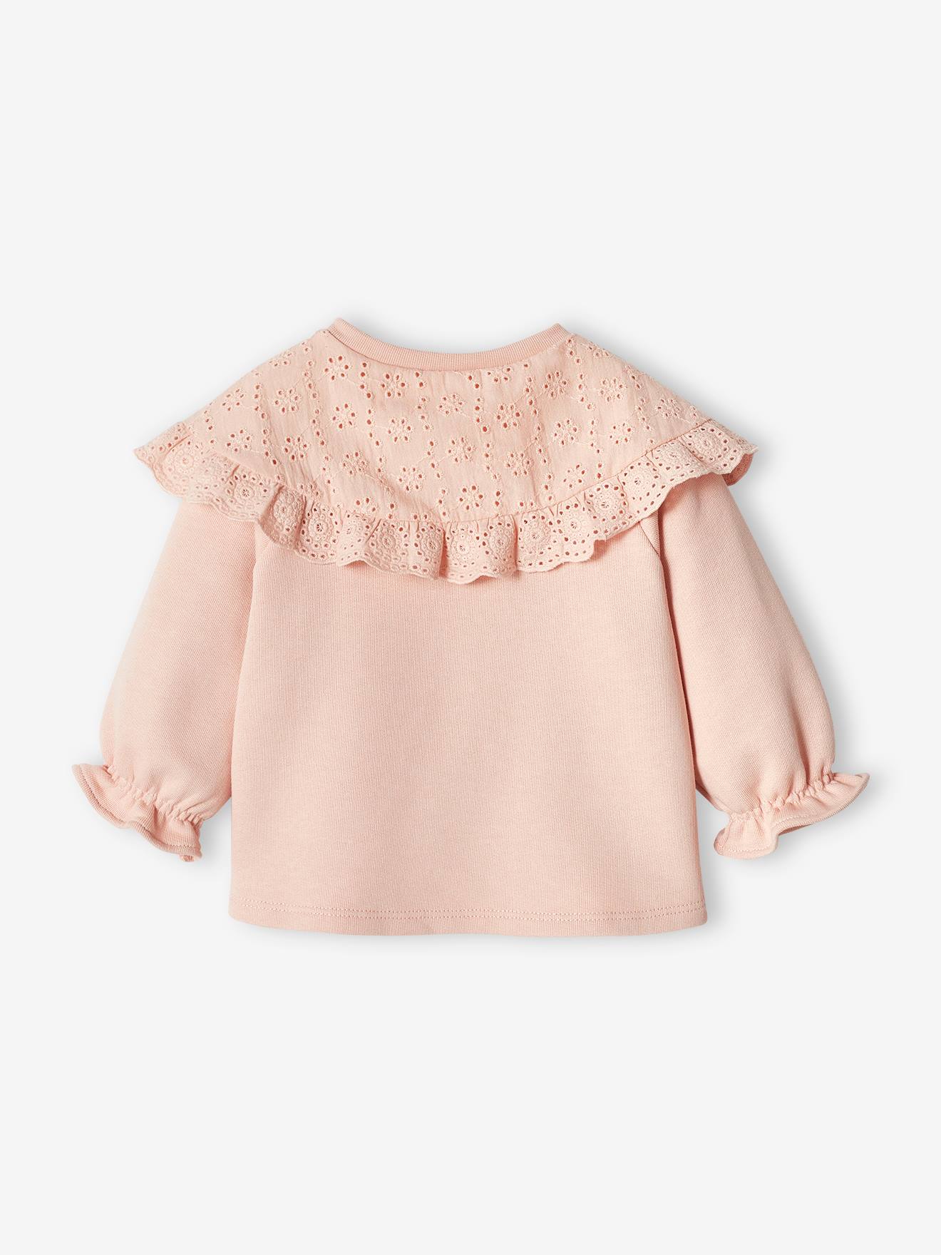 Blusa de moletom rosa bebê com gola bordada.