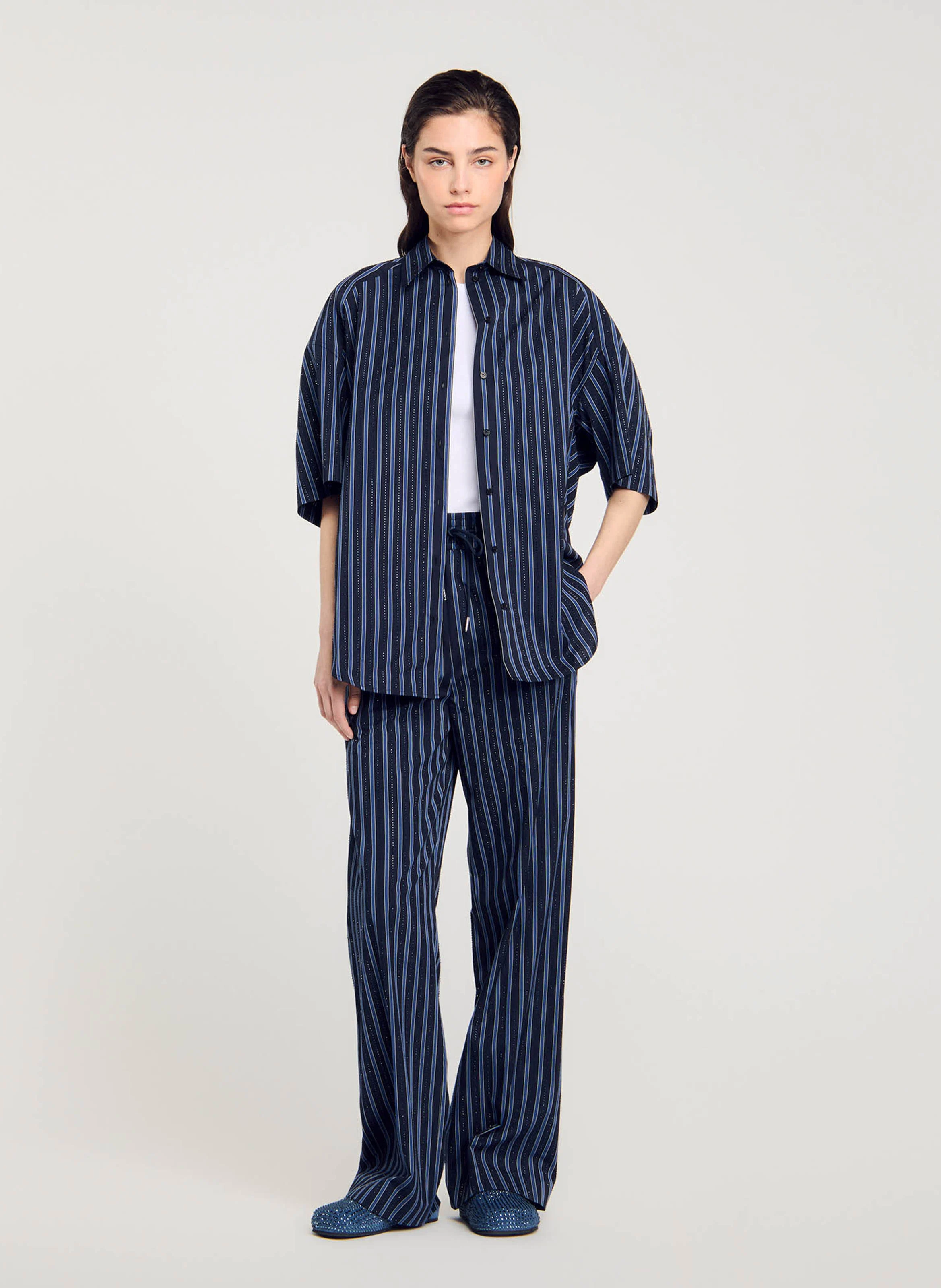 Chemise ample en coton strassé à cravate | Bleu