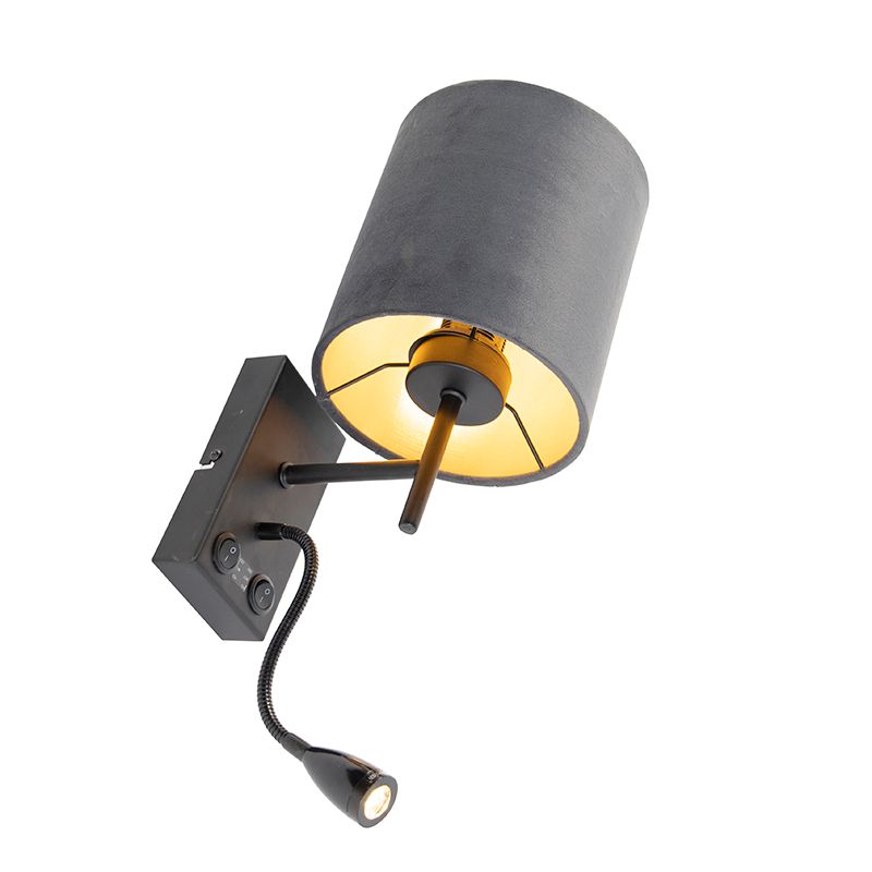 Art Deco wandlamp zwart met velours donkergrijze kap - Stacca