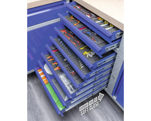 Industriële werkbank B 1.0, 1770 x 880 x 700 mm, 3 deuren, 3 laden, grijs/blauw