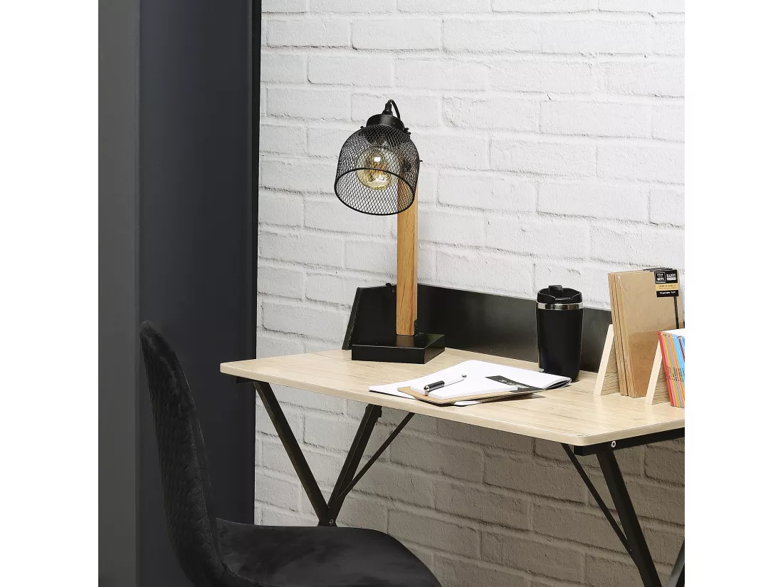 Lampe A Poser Grille Metal Noir Bois