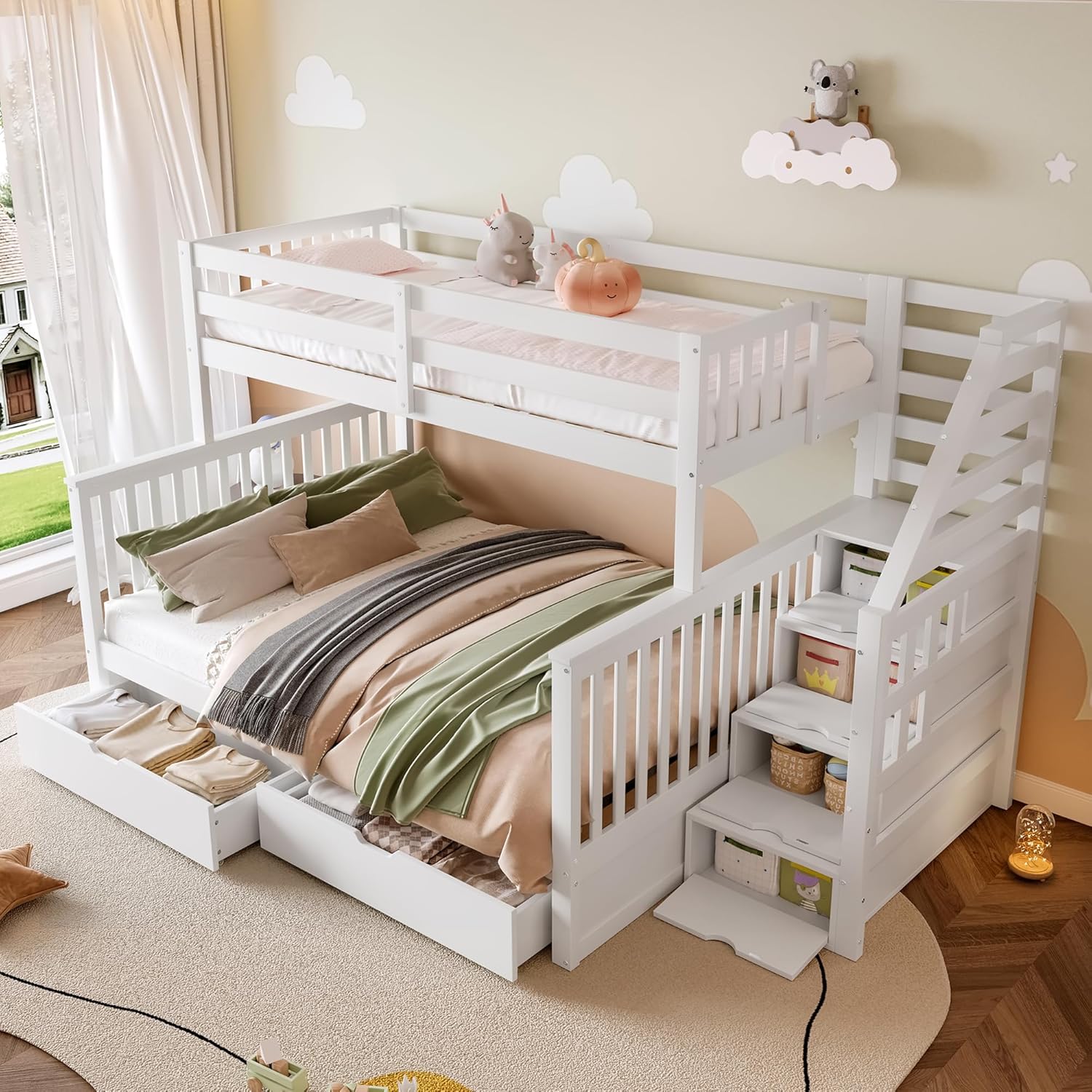 Hochbett Etagenbett 90x200cm+140x200cm mit Große Schubladen, Stauraumtreppe und Sicherheitszaun, Multifunktionsbett Kinderbett für 2 Kinder (Weiß-3)