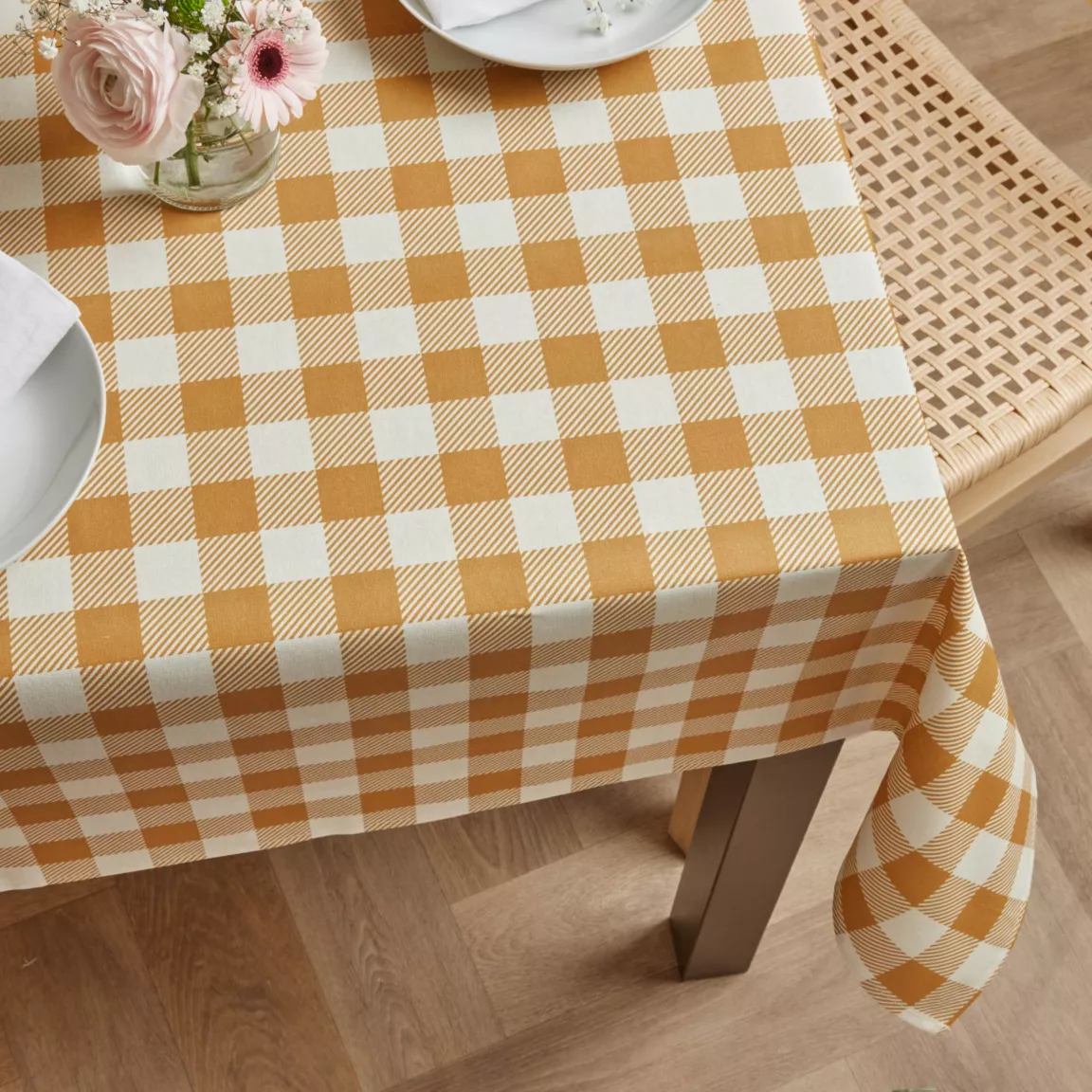 Nappe rectangulaire coton enduit (150 x 350 cm) Vichy Jaune moutarde