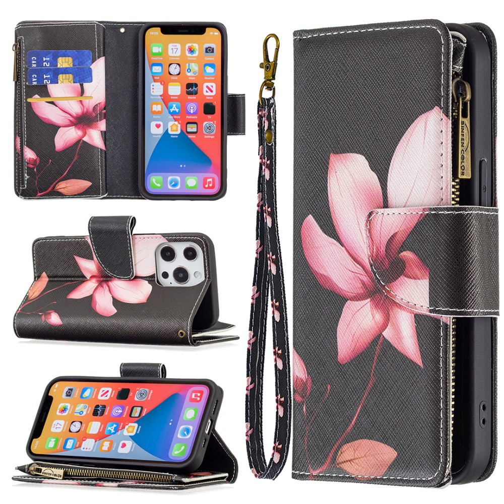 iPhone 13 Pro Leder Wallet Etui Tasche mit 9 Kartenfächern   Münzfach Blume - Schwarz