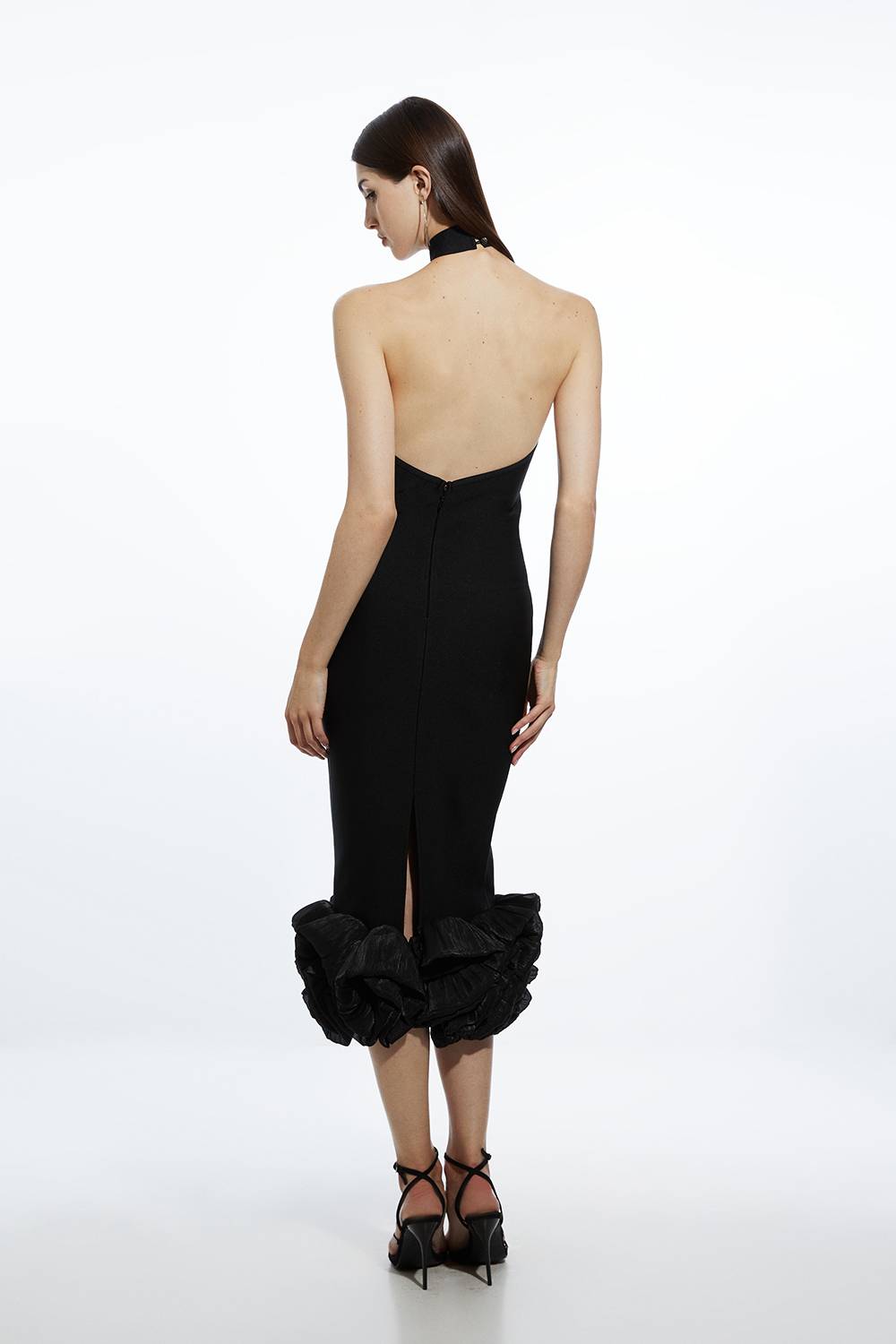KarenMillen Robe Mi-Longue Tricot Bandage Col Halter Ourlet à Volants Moulante