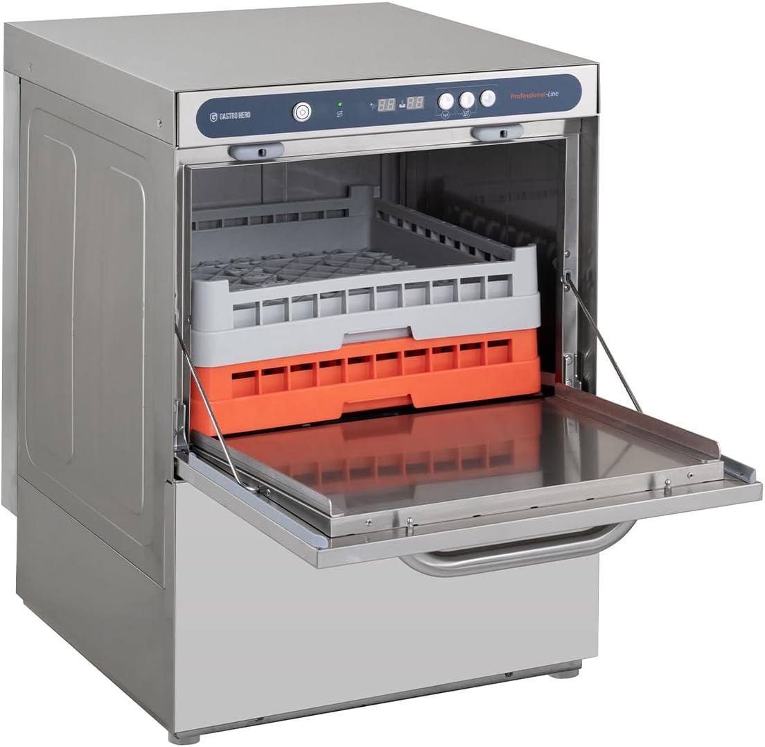 Geschirrspülmaschine PROFI-GSM54SLE | Korbmaß 50×50 cm | Gastro Geschirrspüler Edelstahl | Reiniger- & Klarspüldosierer | mit Ablaufpumpe & Enthärter | 400 V | Made in Europe