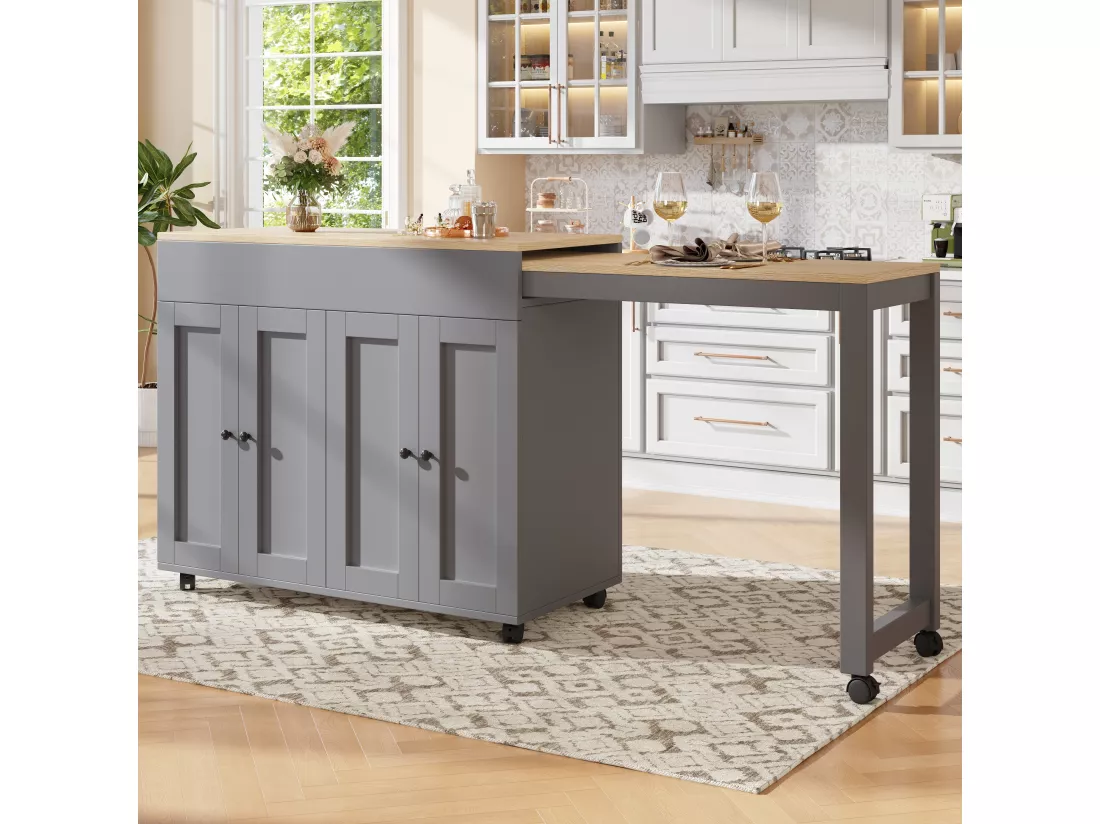 Ilot central de cuisine avec table à manger et 4 portes - 118/180 x 50 x 94 cm - MDF - Gris