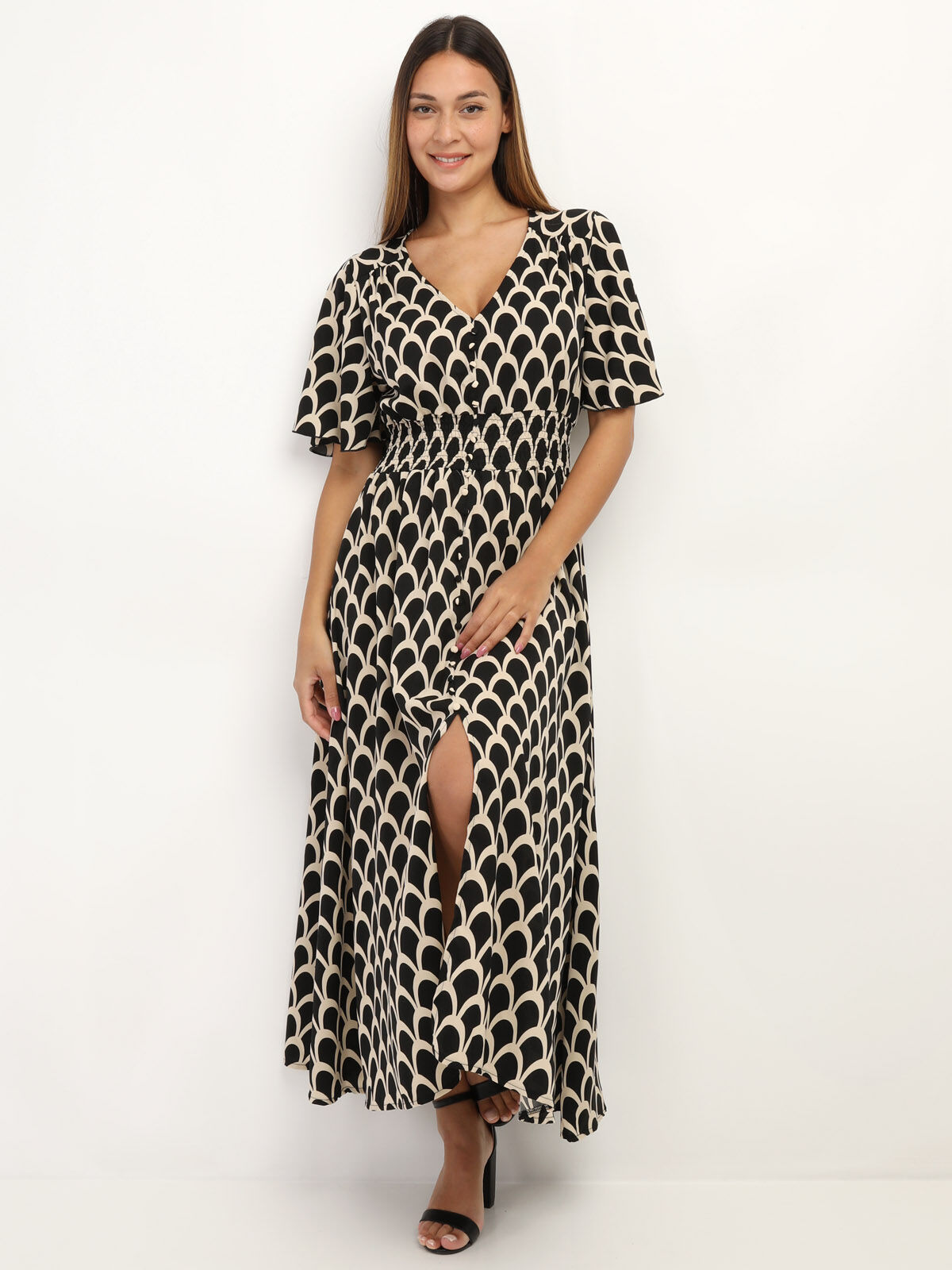 Robe boutonnée à motif graphique- Noir