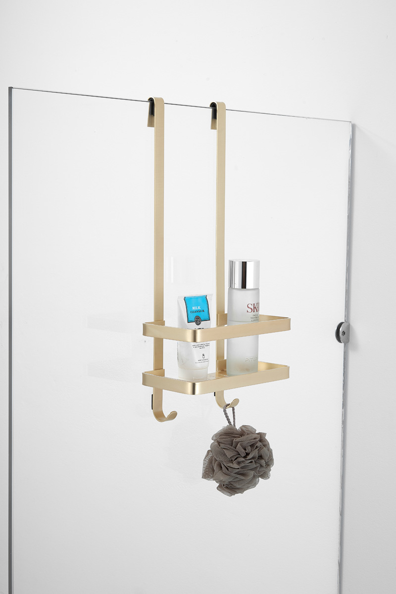Saniclear Brass douche accessoiresset met wissers en shampoohouder geborsteld messing - mat goud