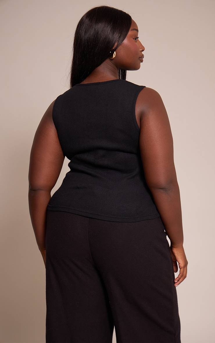 Noir Haut Côtelé Grande Taille Col Carré Toucher Doux