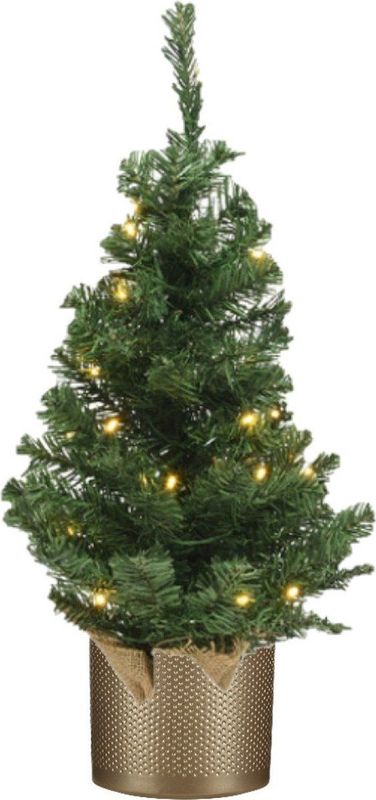 Kunst kerstboom groen 60 cm met verlichting en gouden pot - Inclusief jute zak en 20 LED lampjes
