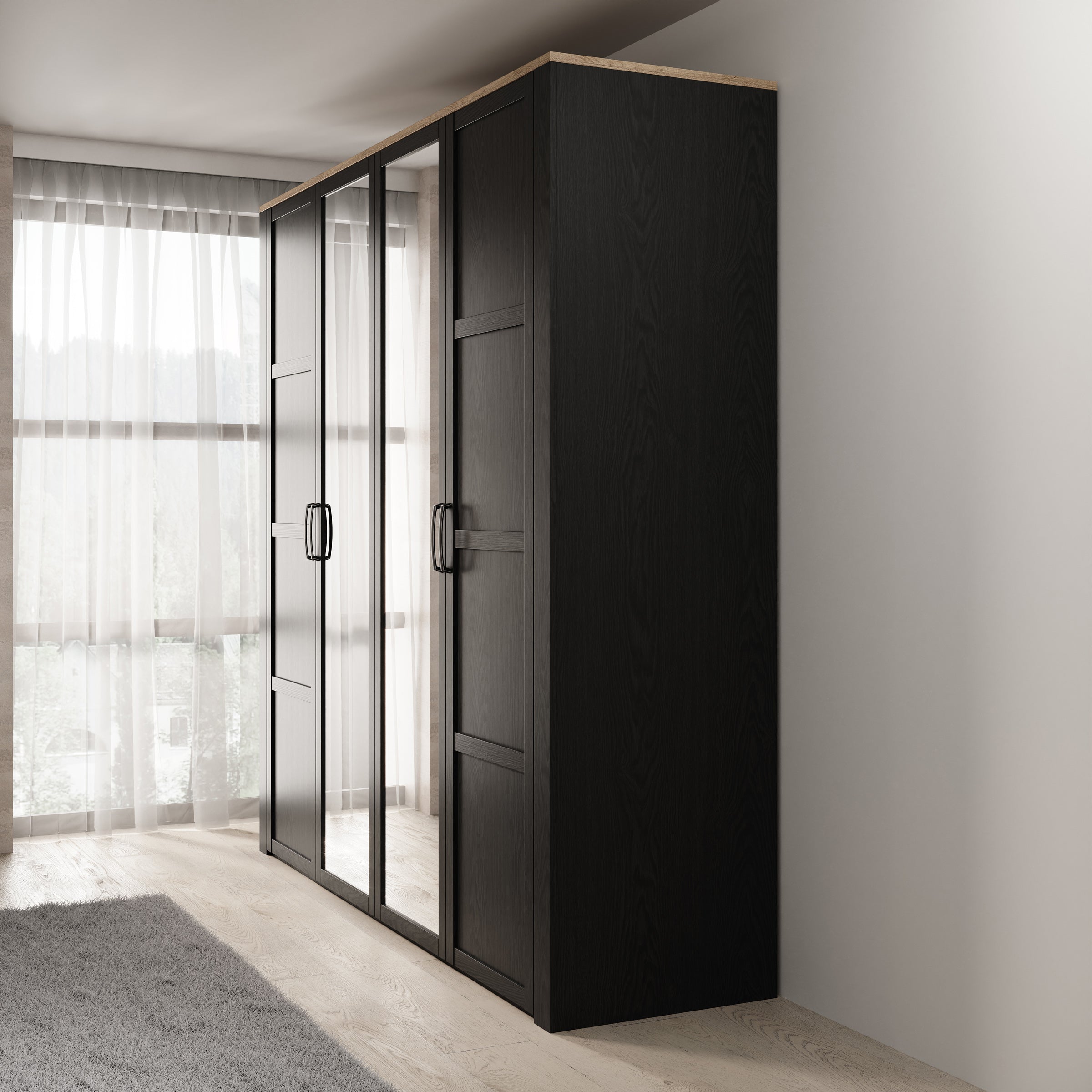 Borello - Kledingkast met 4 deuren - Zwart - 216x60x214 cm