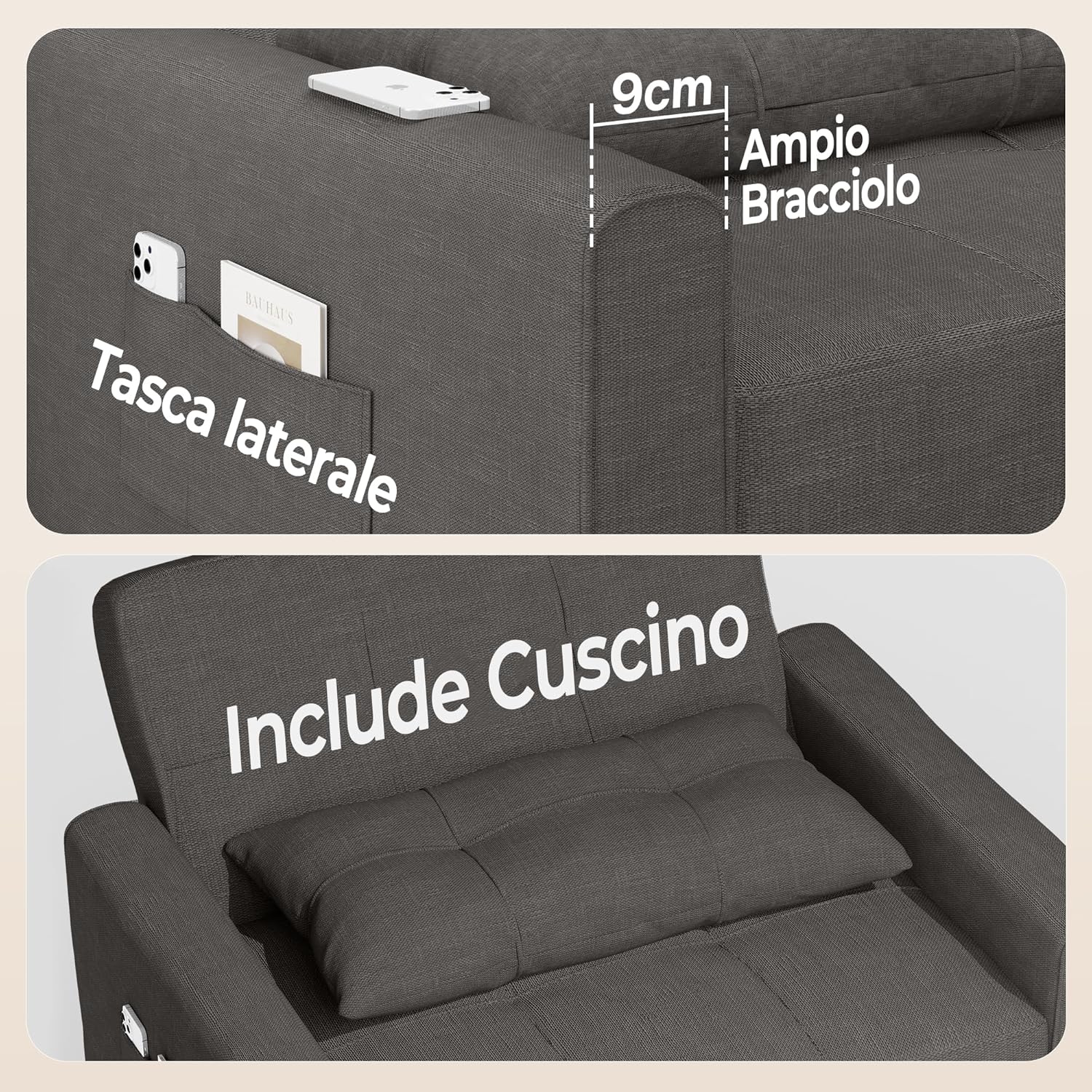 Bealife Relaxsessel, Schlafsessel mit Verstellbarer Rückenlehne, Fernsehsessel, Klappbares Schlafsofa, Relaxsessel fürs Wohnzimmer,Schlafzimmer(Dunkelgrau)