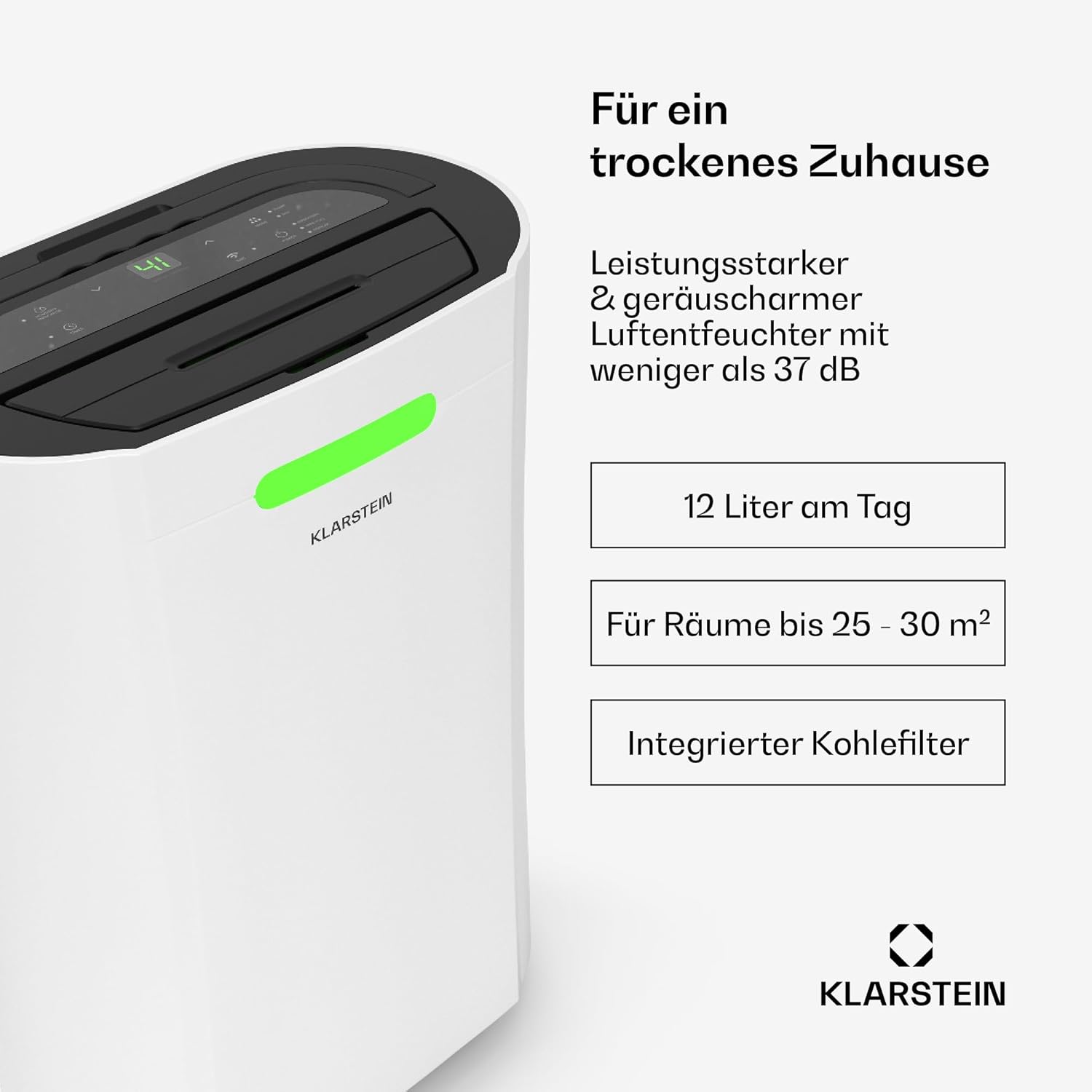 Klarstein AeroDry Smart 12l Luftentfeuchter - 12L/Tag, 2.5L Tank, 39dB, WiFi/App/Alexa Steuerung, LED Display, 24h Timer, Carbon Filter, für Räume bis 18m², Entfeuchter Elektrisch, Weiß