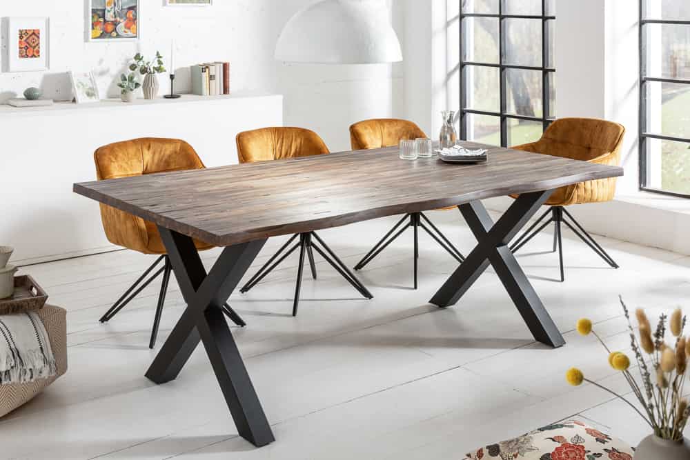 Massivholz Esstisch GENESIS VINTAGE 160cm braun Akazie schwarzes X-Gestell Baumkante