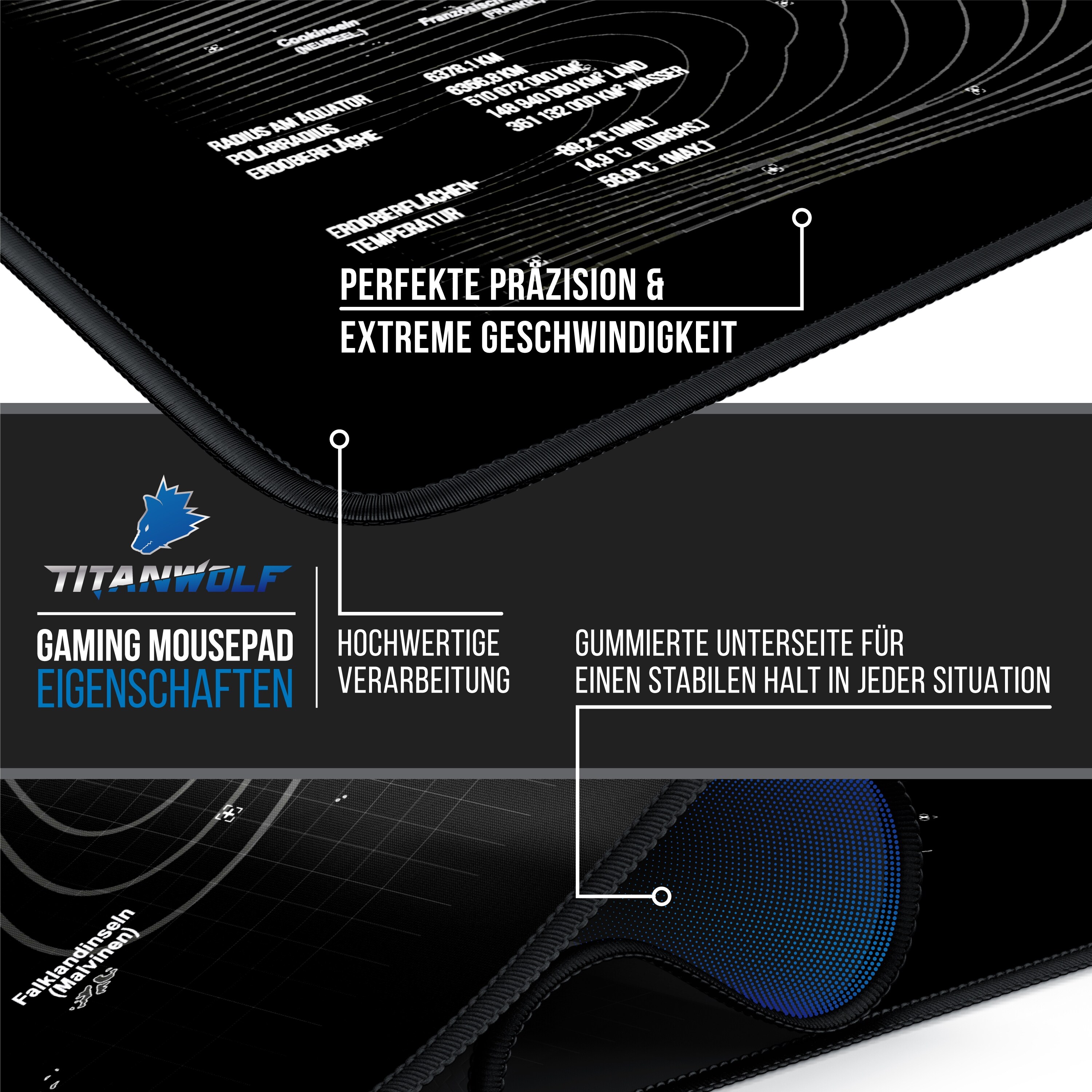 Titanwolf Gaming Mauspad, XXXL Speed Mousepad 1200 x 600 mm, Geschwindigkeit & Präzision, Weltkarte deutsch